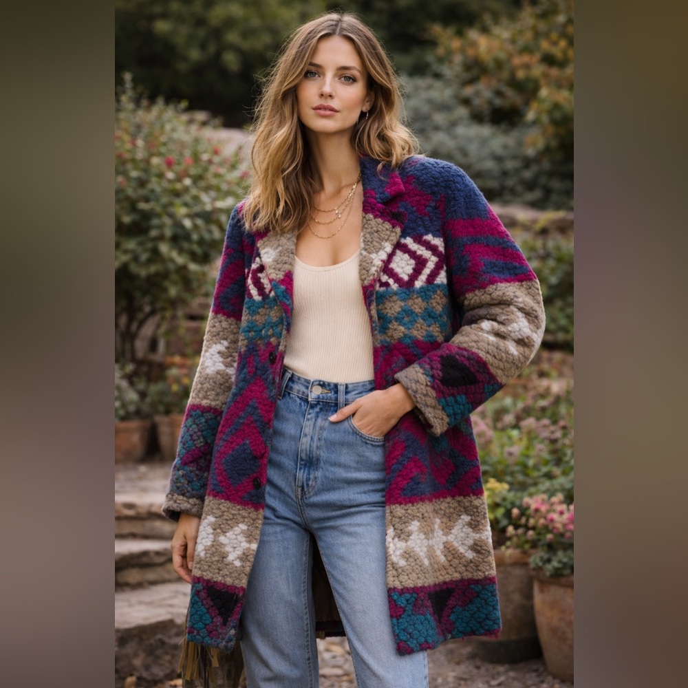 Vintage Italian Geometric Wool Coat |Made In Italy | Statement Tapestry Coat